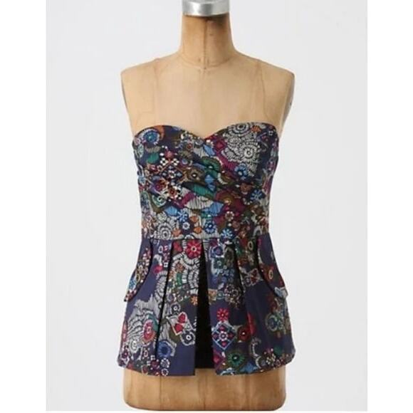 Anthropologie FEI Primula Printed Strapless Cotton Corset Peplum Blouse - Picture 1 of 8